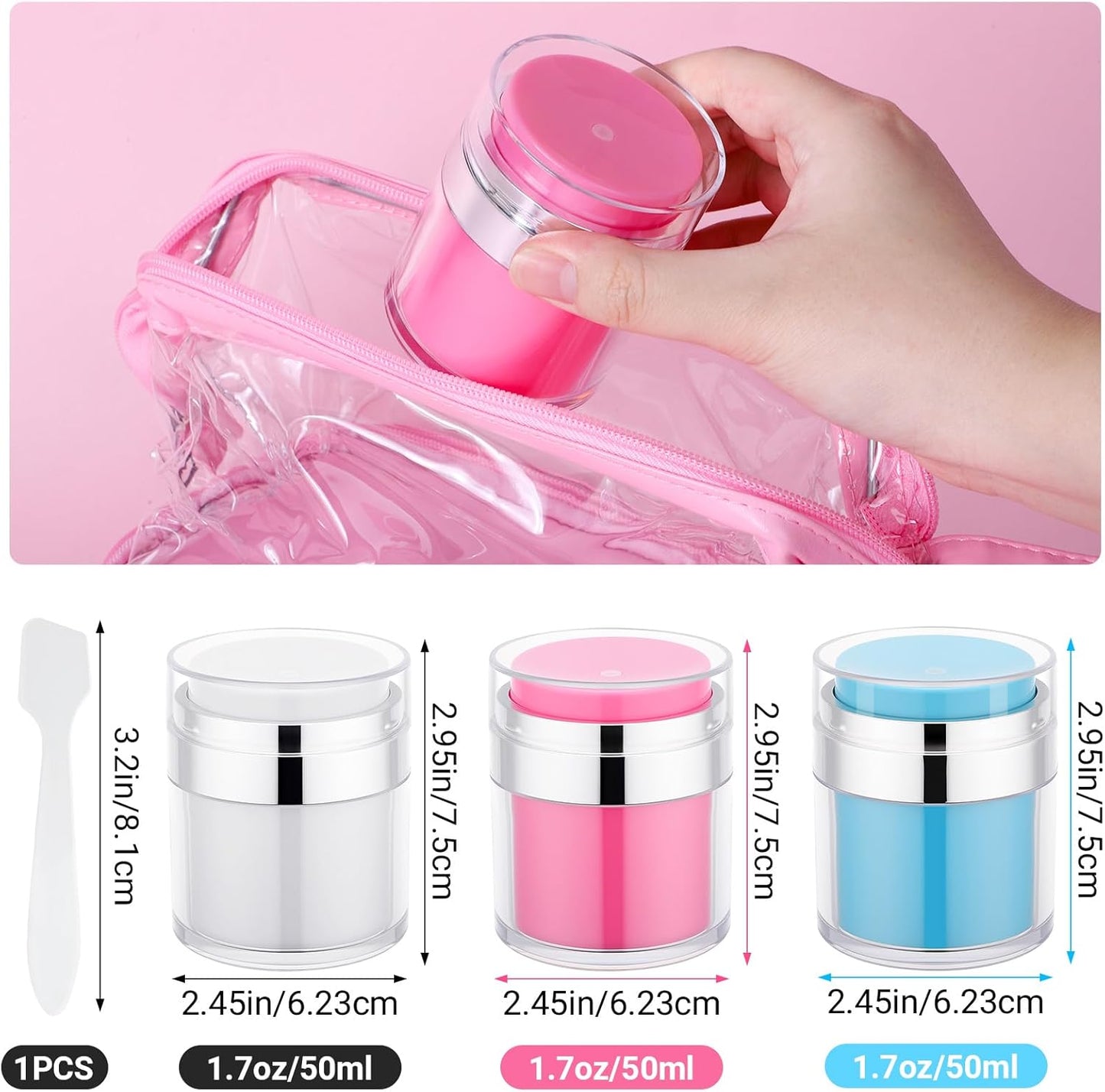 Segbeauty 1.7oz Empty Airless Jar Travel Lotion Dispenser Toiletry Bottles, 3pcs Refillable Mini Travel Size Liquid Containers, 50ml Cream Pump Jar Bottle, Small Vacuum Skincare Cosmetic Containers