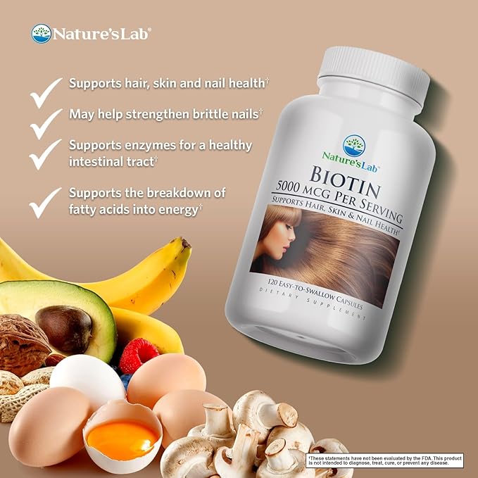 Nature's Lab Biotin 5000 mcg - Promotes Healthy Hair, Skin & Nails - 120 Capsules (4 Month Supply)