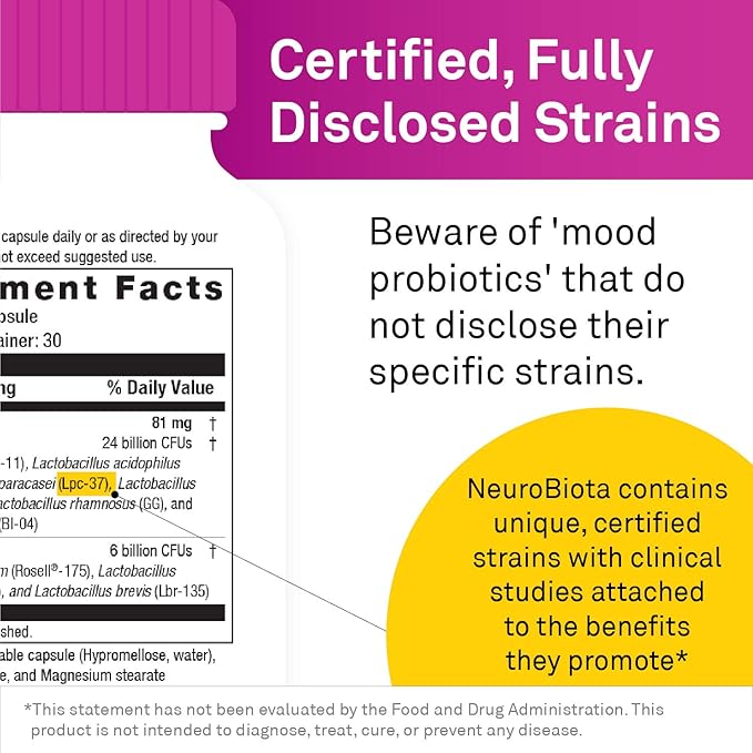 NeuroScience Mood Probiotic for Women & Men - NeuroBiota Mood Support Supplement with Probiotics for Digestive Health, Immune Support & Healthy GABA Activity - Nourish the Gut-Brain Axis (30 Capsules)