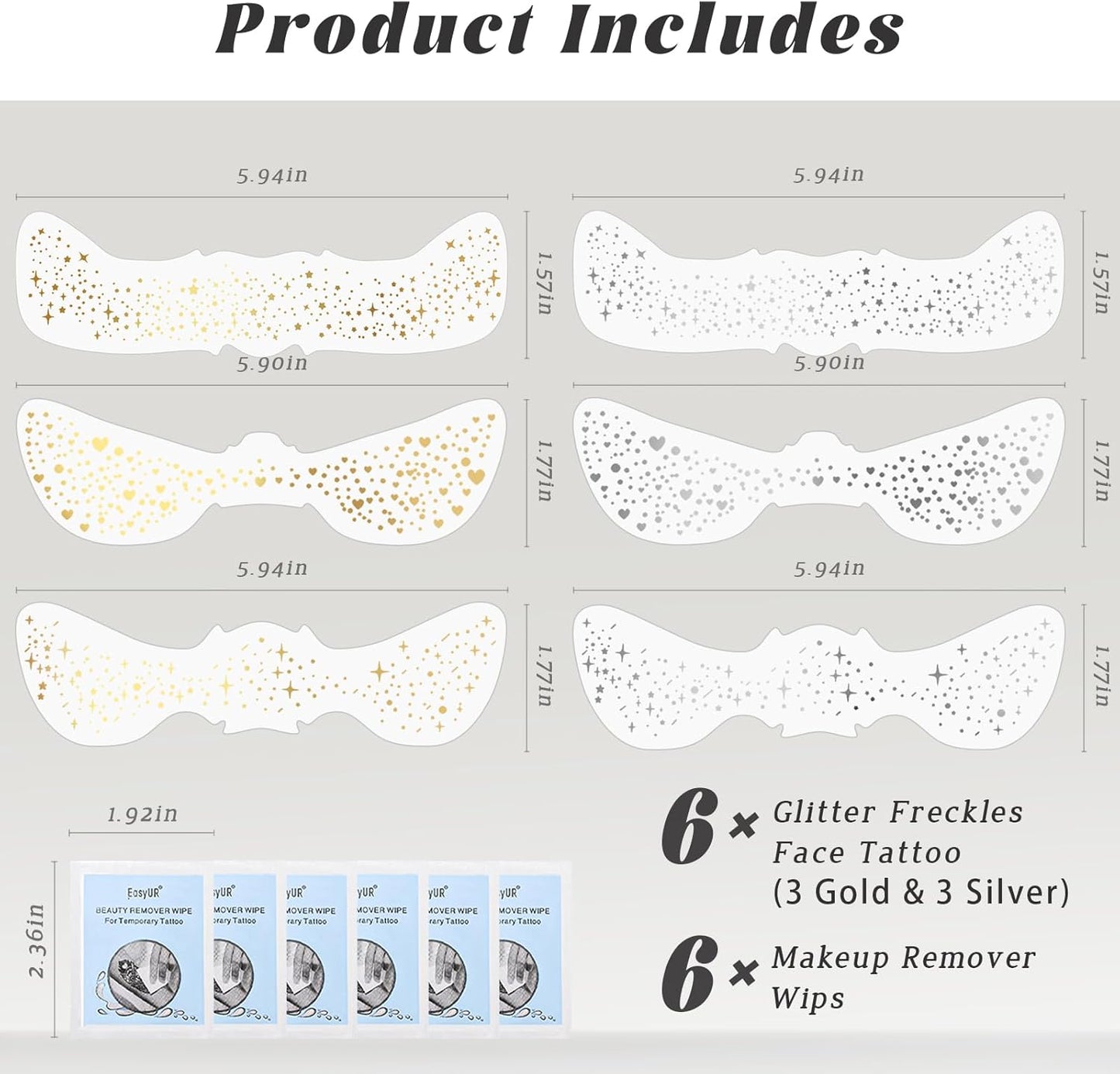 6 PCS Glitter Freckles Face Tattoo, Gold & Silver Waterproof Face Sparkle Speckles Patches for Women, Cute Star Metallic Glitter Temporary Tattoo Makeup Accessories for Festival #Set B