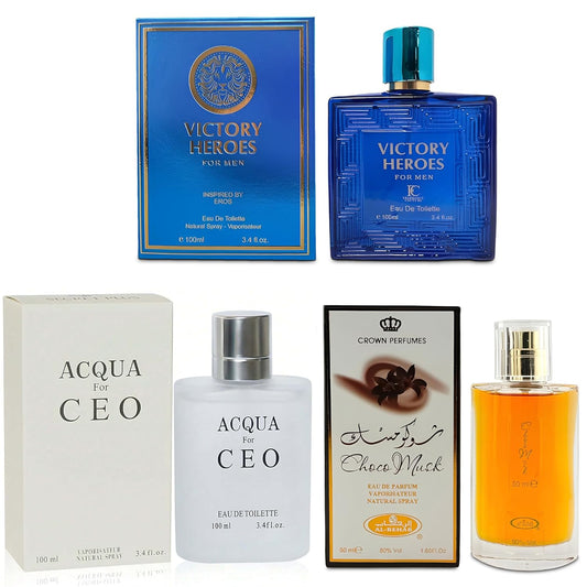 3Pack Men Colognes Choco Musk&Aqua CEO&Victory Heroes Eau De Parfume Spray with Woody Floral & Fruity Scent Perfume Gift Set Day to Night Luxury Fragrances