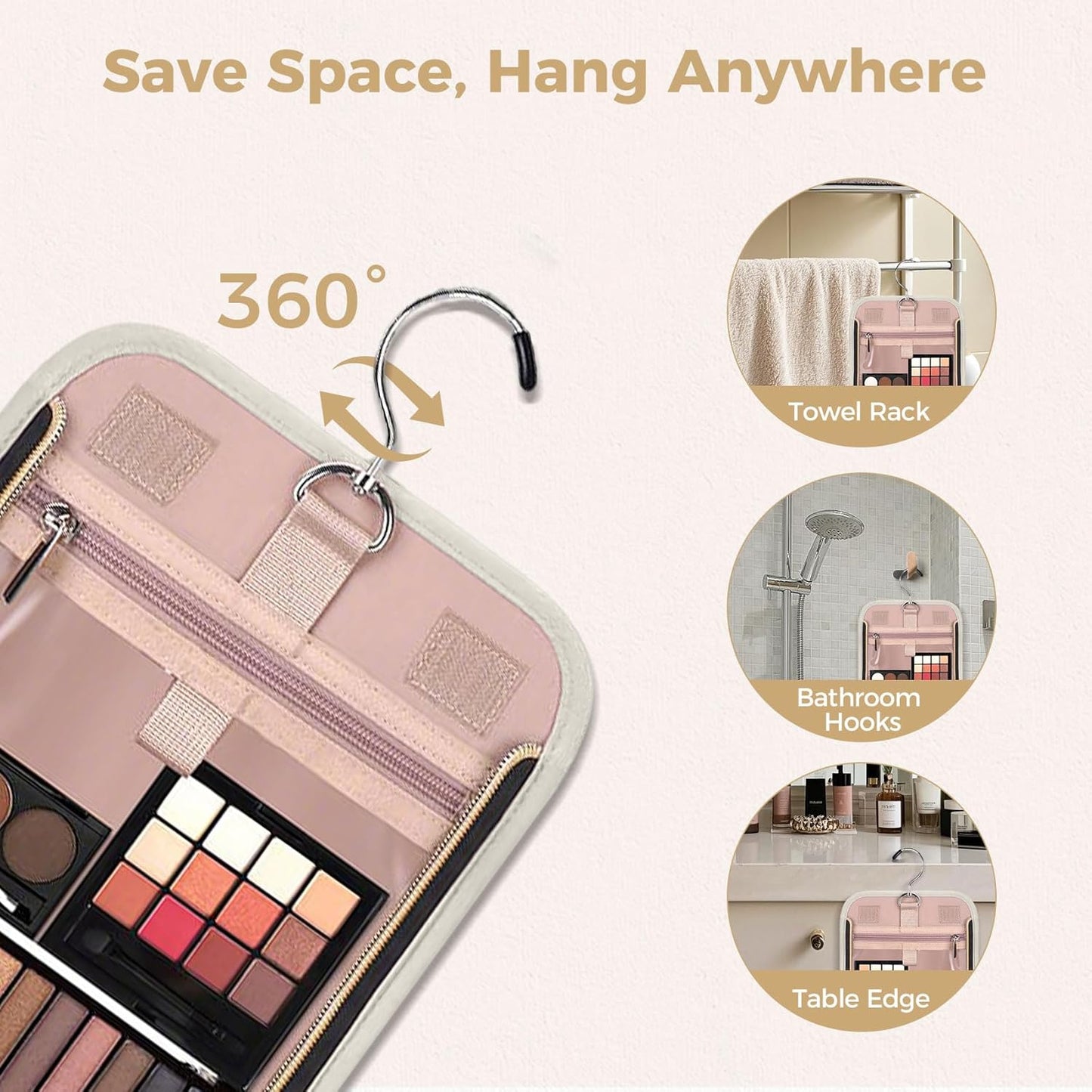 Hanging Toiletry Bag & Makeup Bag for Women with Jewelry Organizer - TSA Approved Large Capacity Travel Cosmetic Organizer, Waterproof Shower Essentials Case with Transparent Pockets, Beige