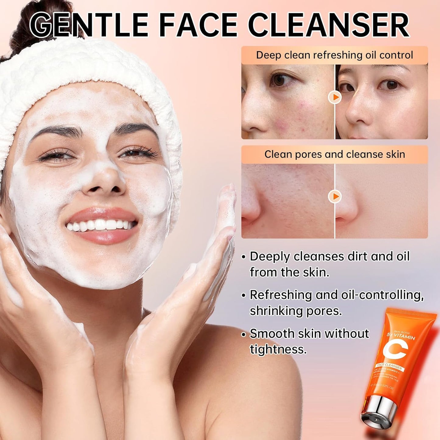 Vitamin C Skin Care Set - 4PCS Travel Skin Care Set With Facial Cleanser, Eye Cream, Serum & Face Cream - Korean Facial Skincare Set for Teen Girls and Women for Moisturizing, Anti-Aging, Anti-Wrinkle