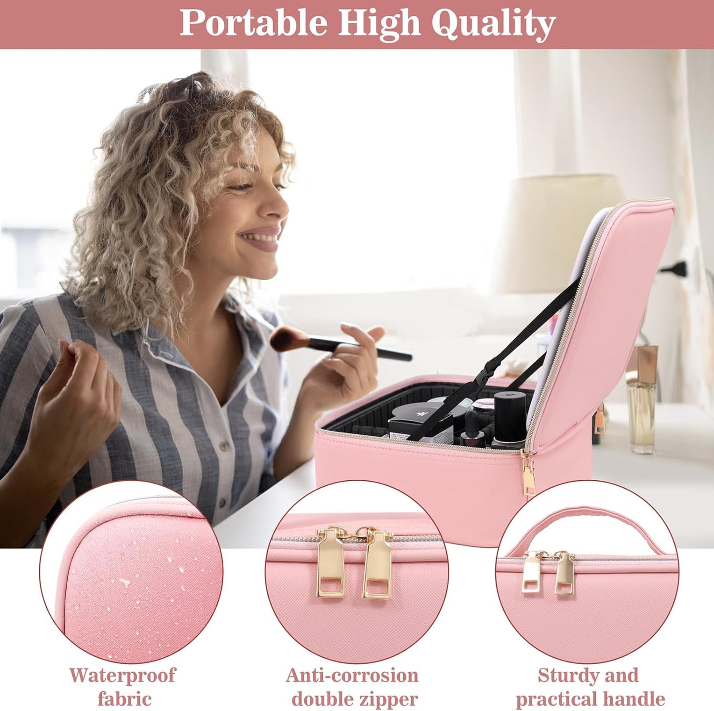 Makeup Case with LED Mirror,Makeup Organizer Bag Travel Makeup Case Large Makeup Bag With Rechargeable Mirror 3 Color Lights Detachable Mirror for Women Beauty Tools Accessories（Pink）