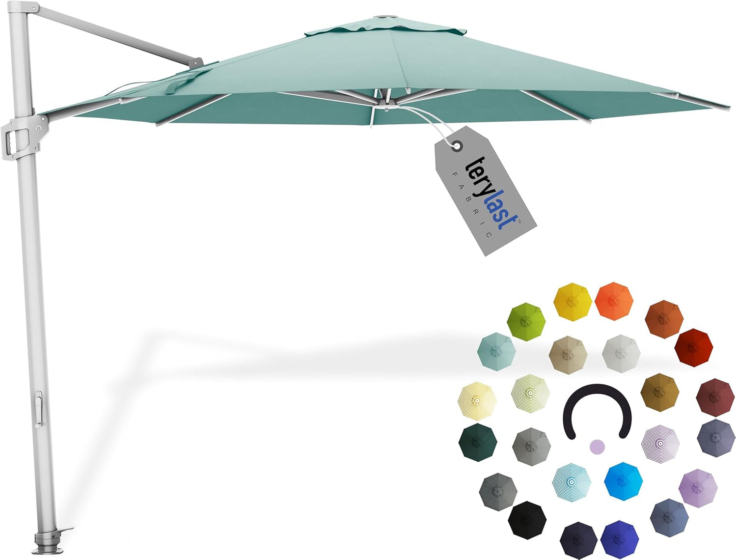 Midtown Umbrellas 10 Ft Outdoor Cantilever Patio Umbrella w/Terylast Seawater Aqua Fabric - Rotate 360° Offset Patio Umbrella, Deck Patio Umbrella, Backyard Umbrella & Garden Umbrella - Silver Frame