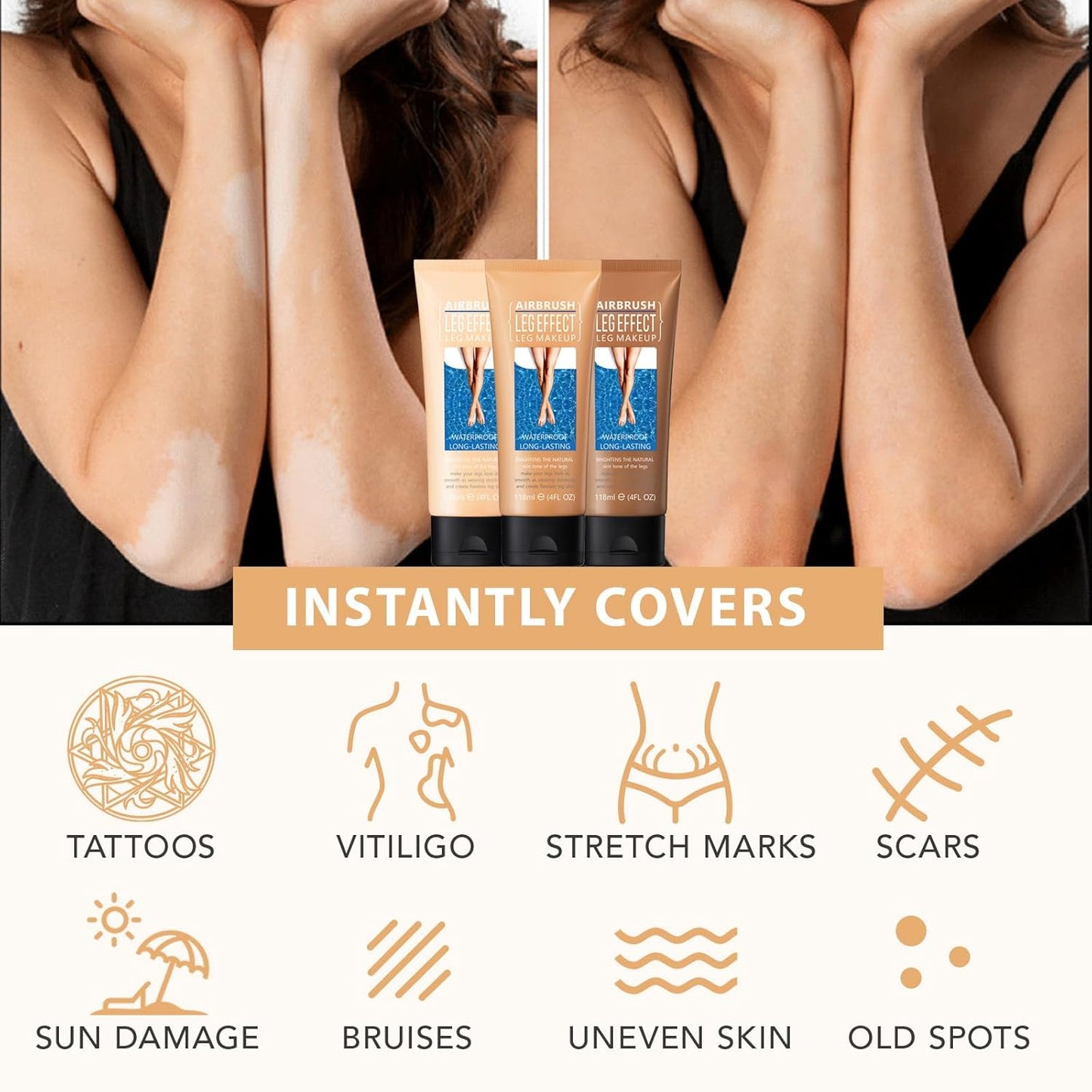 2Pcs Leg Effect Waterproof Makeup, Long-Lasting, Natural Leg Coverage, Body Foundation to Cover Vein, Tattoo and Flaw (03#Bronze, 2Pcs)