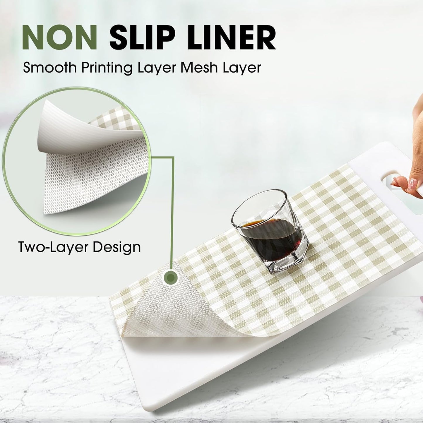 Beautysaid Shelf and Drawer Liner for Kitchen Cabinet, Non Adhesive Non Slip Shelf Paper Waterproof Washable Thickened for Dresser Pantry Shelve Bathroom Protector Liner(Checkered,18 in x 30 FT)