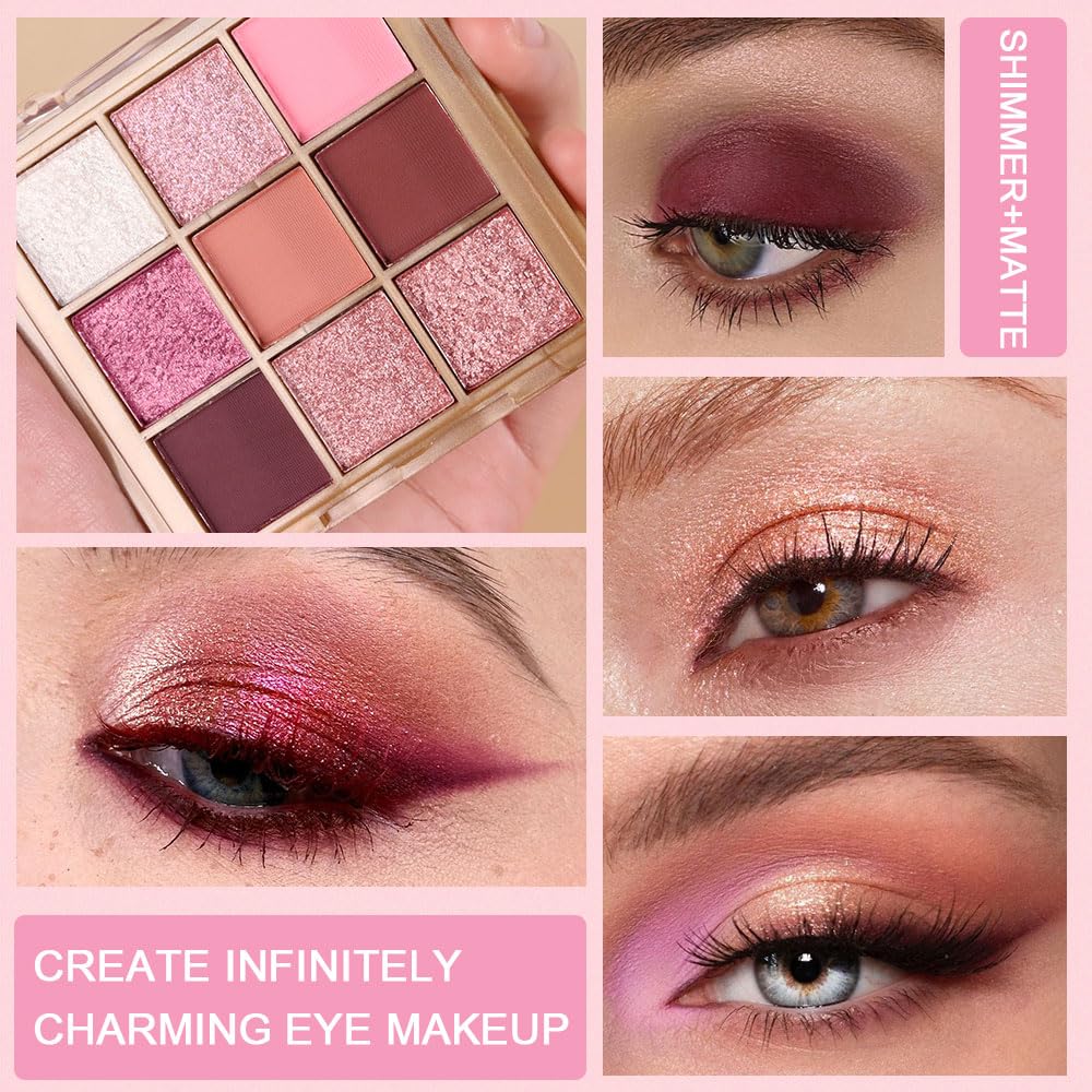 9 Colors Pink Eye Shadow Palettes,Nude Rose Gold Champagne Plum Eyeshadow Palette for Older Women,Natural Powde Eye Shadows Waterproof Long Lasting Naturing-Looking,Travel Size Makeup Pallete