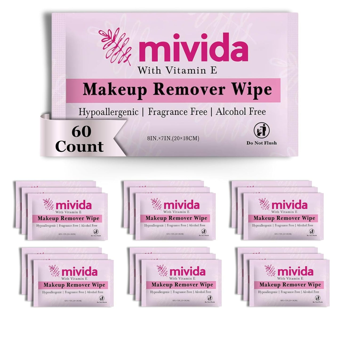 mivida 60 Count Individually Wrapped Makeup Remover Wipes With Vitamin E | Fragrance-Free, Alcohol-Free Hypoallergenic single make up removing wipes | Hotel Travel Size Toiletries