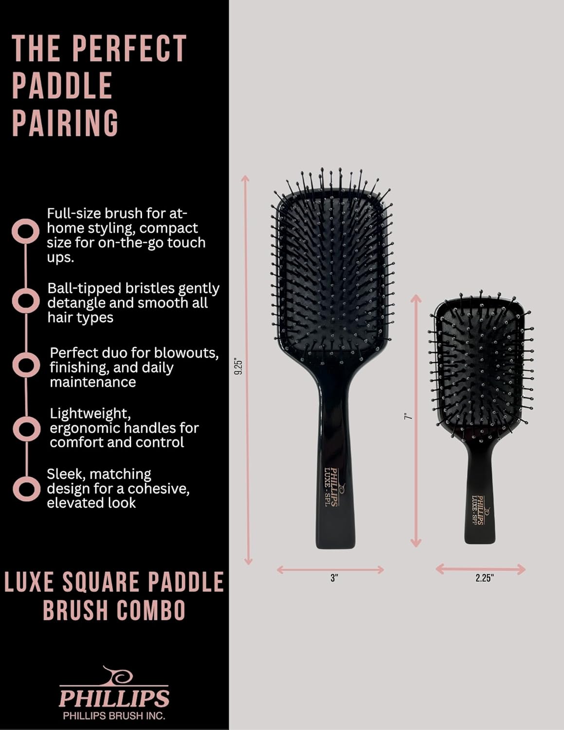 Phillips Brush Luxe Series Square Paddle Hairbrush Combo Pack – Full Sized 9.25 inch Detangler + 7 inch Purse Size Travel Detangler, Sleek Black Color with Gold Accents