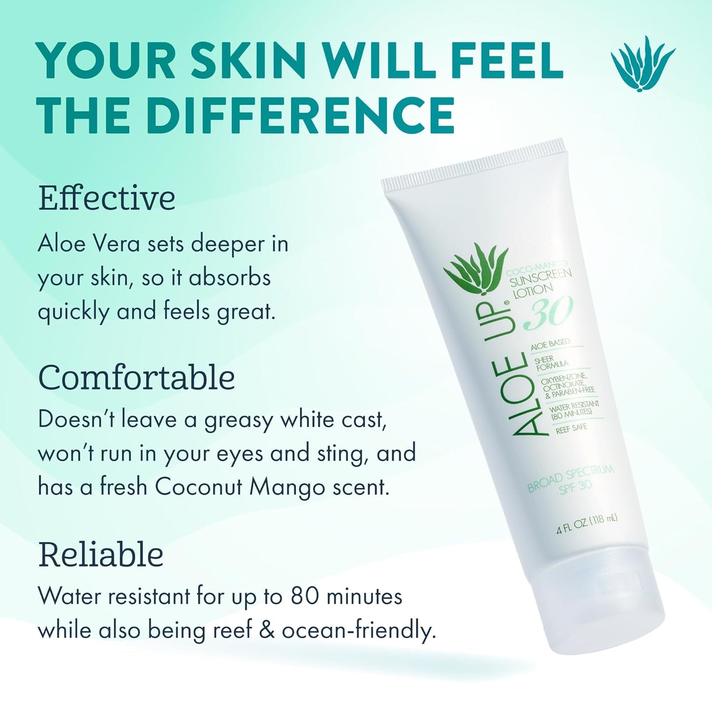 Aloe Up White Collection Sunscreen Lotion SPF 30 - Broad Spectrum UVA/UVB Sunblock for Face and Body - With Aloe Vera Gel - Alcohol-Free - Reef-Friendly - Coco-Mango Fragrance - 4 Oz