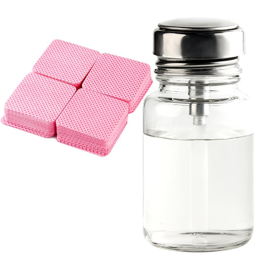 Clear Nail Polish Remover - 120ml Glass Metal Push Down Pump Dispenser - 200pcs Lint Free Nail Wipes - Alcohol Eye Makeup Remover