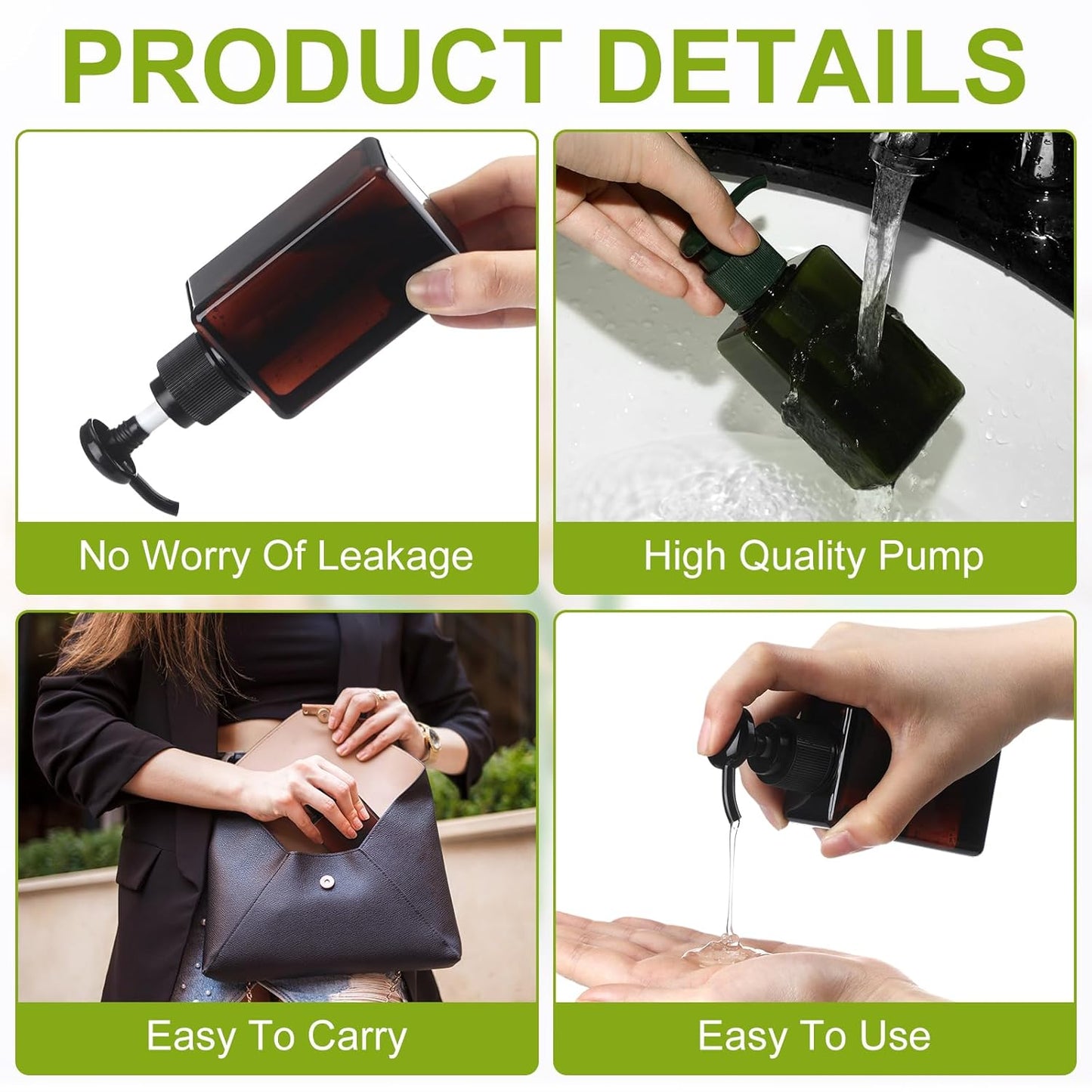 Domensi 12 Pcs 100ml /3.4 oz Pump Bottle Mini Travel Bottles Small Dispenser Containers Plastic Pump Lotion Dispenser Empty Square Travel Size Containers Toiletries (Green,Brown)