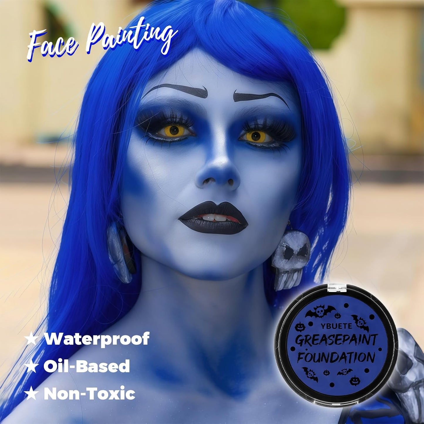 Blue Cream Face Body Painting Foundation, Professional Full-coverage Oil Based Blue Face Paint Halloween SFX for Corpse Bride Avatar Cosplay Makeup for Adult Carnival & Stage Performance