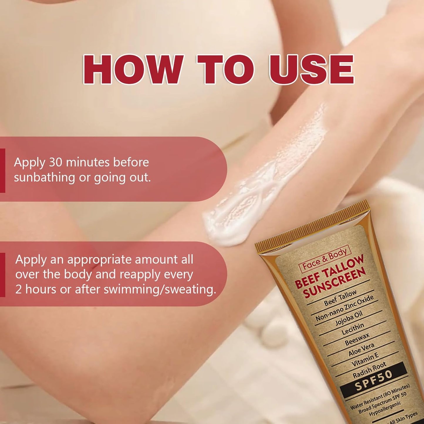 Beef Tallow Sunscreen with Zinc Oxide for Body Facial, Non-Toxic Natural Mineral Sunscreen Reef Safe Sunblock SPF 50,Clean Non-Greasy (For Sport or Daily Use), 3.5 OZ