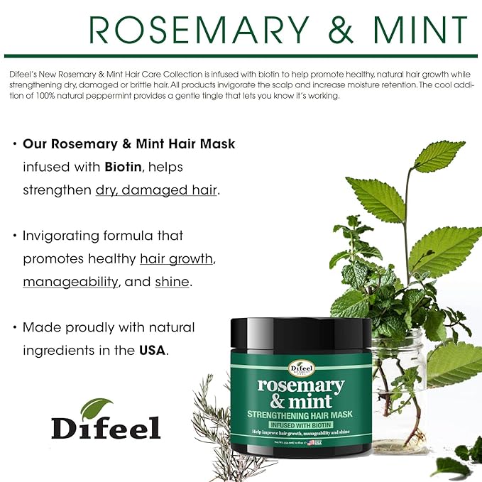 Difeel Rosemary and Mint Strengthening Hair growth Mask with Natural Rosemary Oil and Biotin 12 oz.