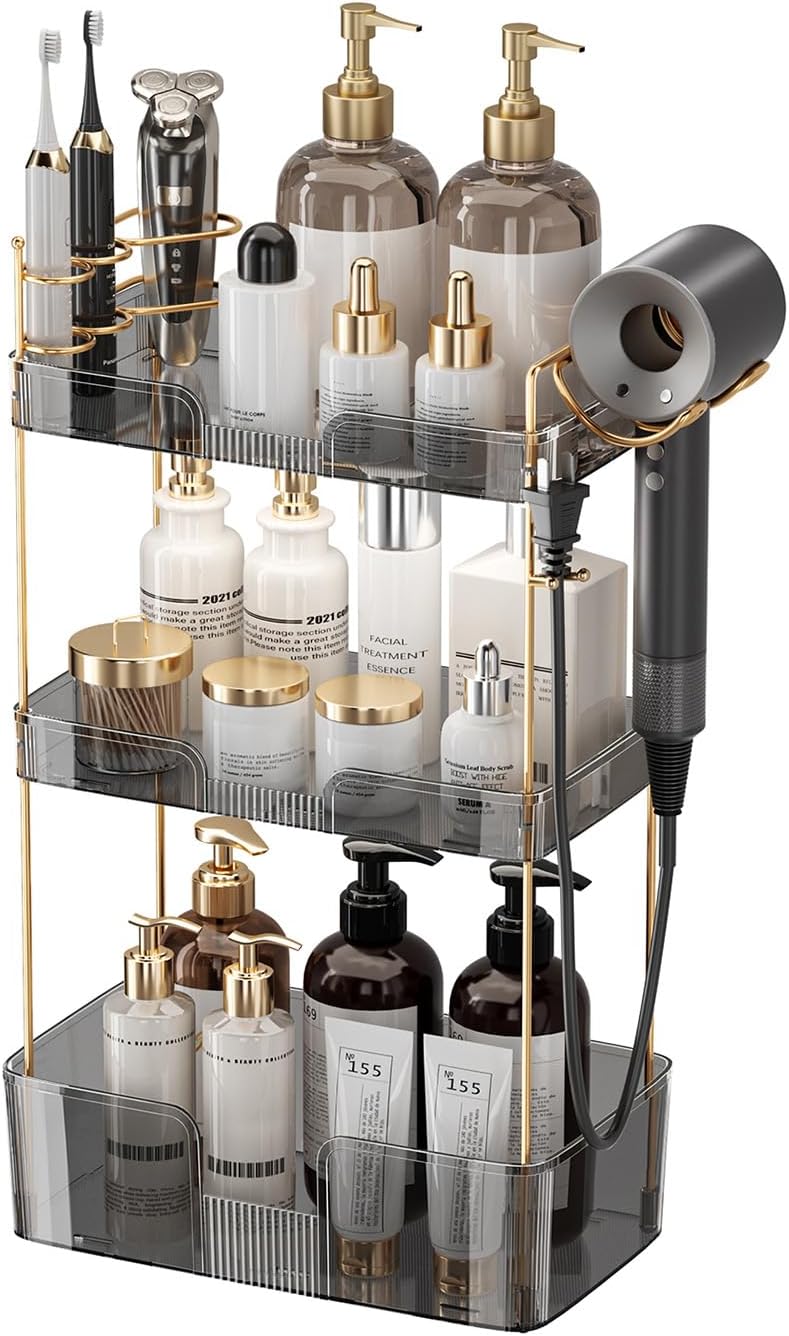 Aveniee Bathroom Counter Organizer,3 Tier Skincare Perfume Countertop Storage with Hair Dryer Rack and Toothbrush Holder, Cosmetic Makeup Tray for Vanity,Grey