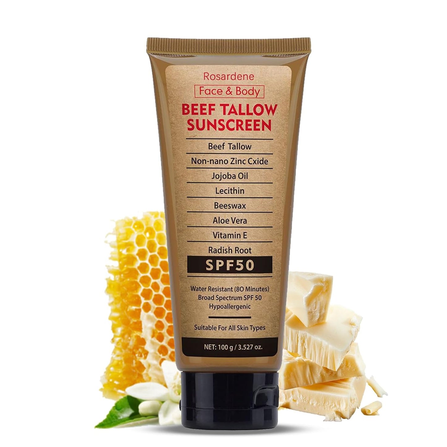 Beef Tallow Sunscreen for Face & Body, Natural Organic Sunscreen SPF 50, Beef Tallow for Skin Non Greasy, No White Cast, Fast Absorbing, Deep Moisturizing for Sensitive Skin, Summer Outdoor, 3.52 OZ