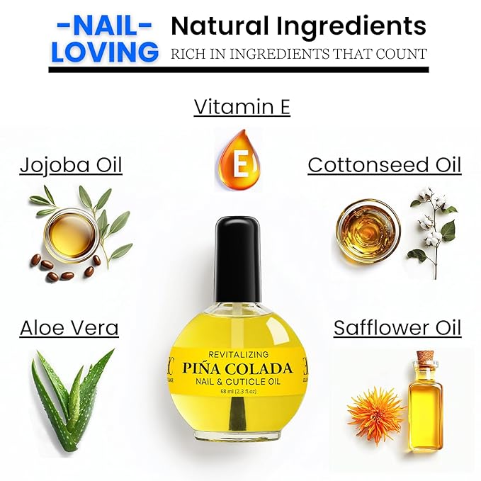 Moisturizing Cuticle & Nail Care Oil 2.3 Fl Oz - Pina Colada Scented – Infused with Jojoba Oil, Aloe, Vitamin E – Nail & Cuticle Hydration, Repair, Moisturizer, Strengthener, Growth