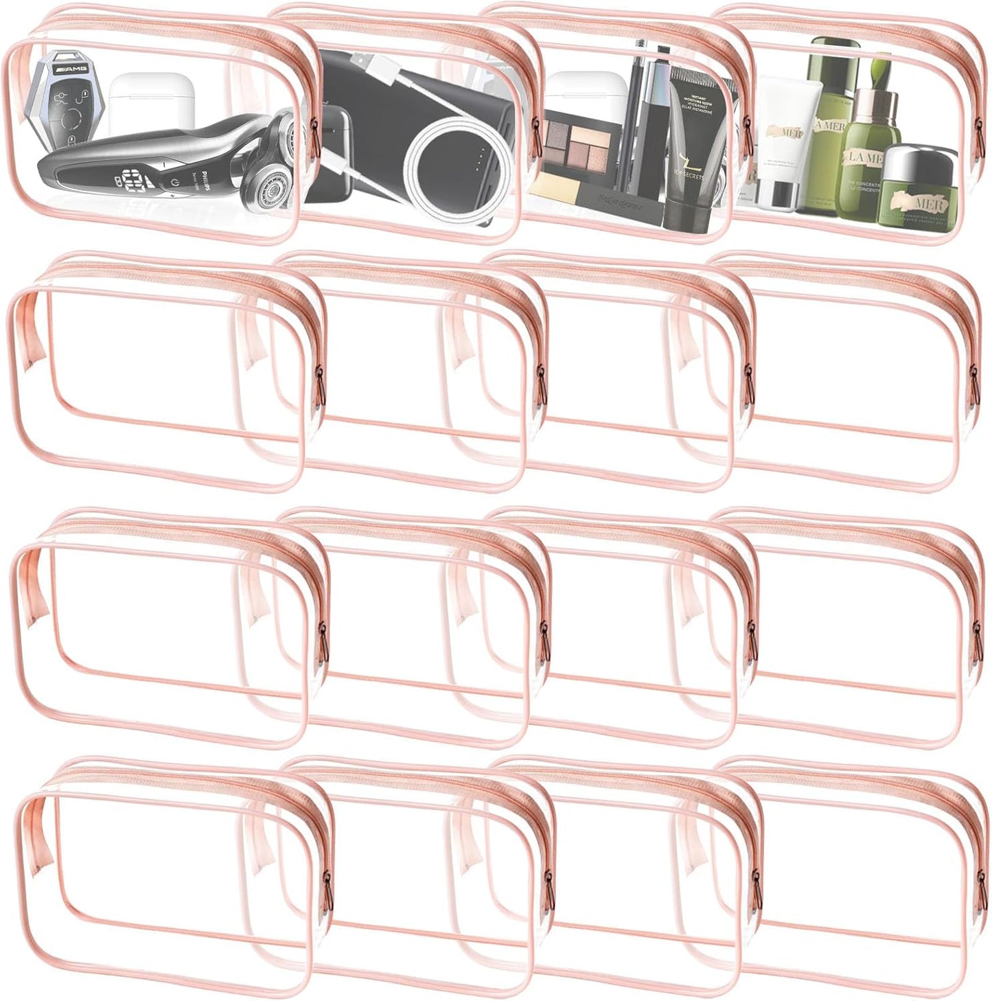 16 Pieces Clear Makeup Bags Bulk, TSA Approved Toiletry Bag for Travel, PVC Waterproof Travel Pouches Clear Pouch with Zipper for Men and Women Carry-on Travel Essentials Cosmetic Bags (Peach Pink-M)
