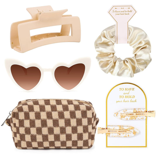 5PCS Bridesmaid Proposal Gifts Bridesmaid Hair Clips Scrunchies Sunglasses Makeup Bag Bachelorette Party Wedding Favors Bridal Party Present Hair Accessories for Women Girls Gold Brown