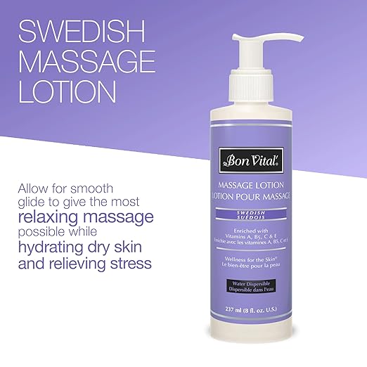 Bon Vital' Swedish Massage Lotion for Skin Tone Improvement, Dry Skin Repair, Increased Circulation, and Stress Relief, Great for Massage Therapists Who Perform Swedish and Sports Massages, 8 Oz