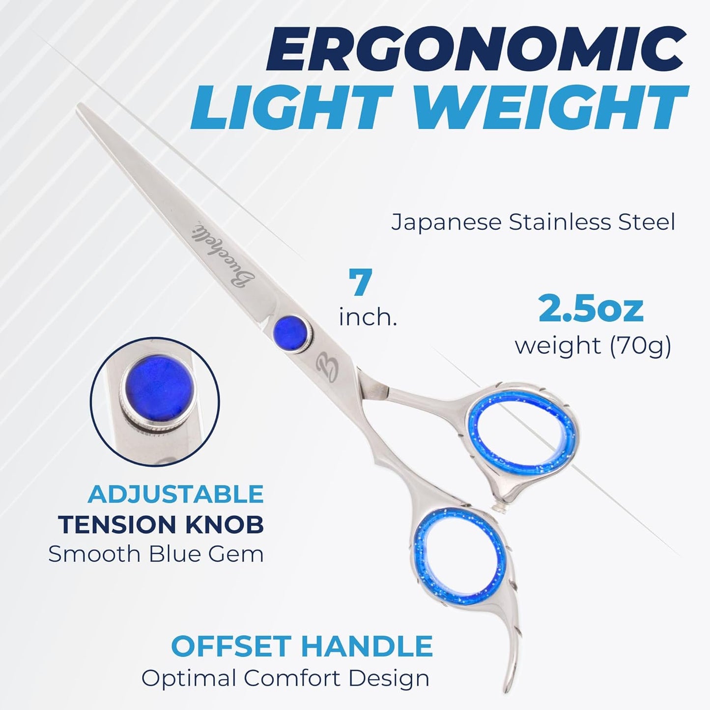 7 Inch Left Handed Shears for Hair Cutting - Japanese 440A Inch Barber Scissors - Convex Blades with Adjustable Tension Knob - Hair Shears Professional (Silver Left 7")