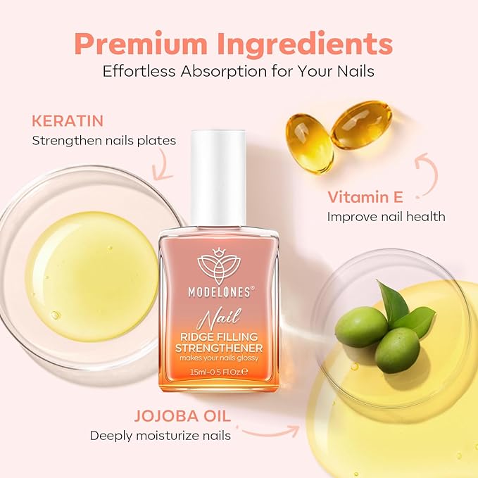 modelones Nail Strengthener Ridge Filler for Nails Repair Kits Jelly Nude Nail Polish for Thin Weak & Damaged Nails Hardener for Nail Protection, Nail Care, 15ml