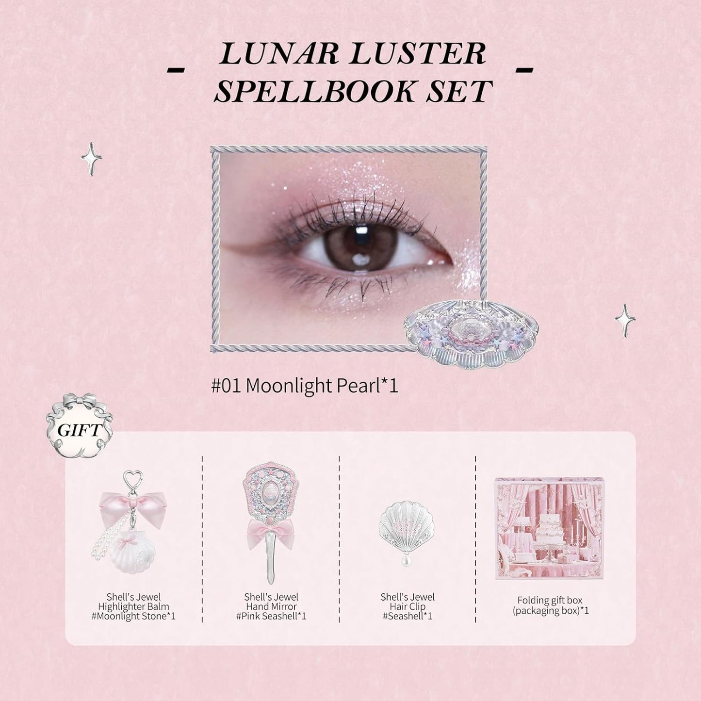 Flower Knows Shell’s Jewel 5-Piece Makeup Gift Box Set-Lunar Luster Spellbook, Eyeshadow Palette+Highlighter Balm+Hand Mirror+Hair Clip+Folding Gift Box(03 Lunar Luster Spellbook Set)