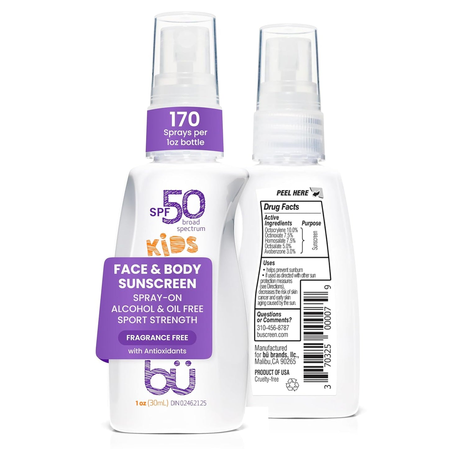 BU SPF 50 Kids Sunscreen Spray for Face and Body, Non Aerosol Spray, TSA Travel Size Sunscreen, Clear, Non Greasy, Water Resistant, Oil Free, Fragrance Free 1 oz