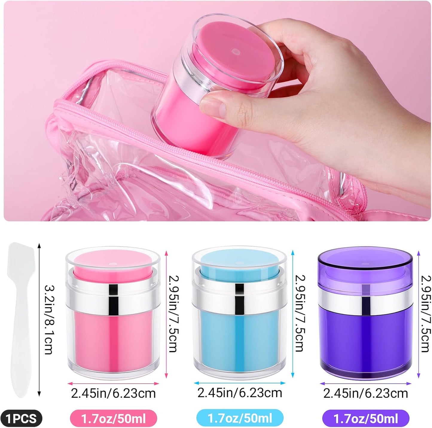 Segbeauty 1.7oz Empty Airless Jar Lotion Dispenser Travel Toiletry Bottles, 3pcs Refillable Mini Travel Liquid Containers, 50ml Reusable Pump Bottle Jar, Small Vacuum Skincare Cosmetic Containers