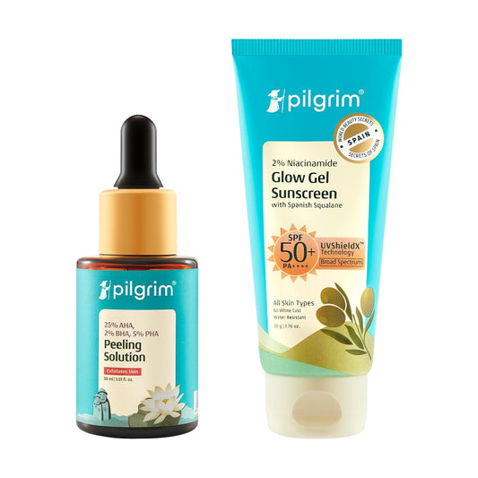 Pilgrim Anti-Tan Skincare Combo: 2% Niacinamide Glow Sunscreen SPF 50 +++ & 25% AHA + 2% BHA + 5% PHA Peeling Solution|Sun Protection & Deep Exfoliation | For Even Skin Tone & Radiant Glow