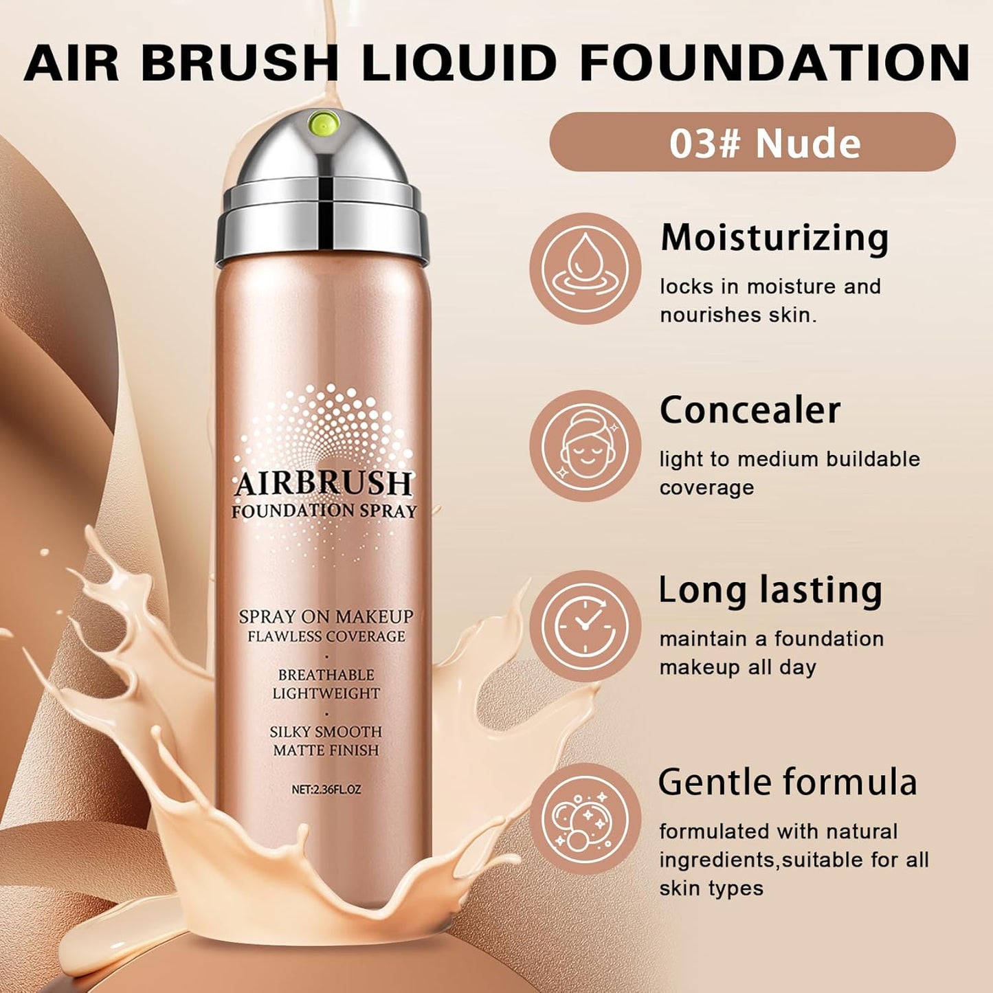 Magic Minerals Airbrush Foundation Spray and Primer for Face Before Makeup,Waterproof Foundation for Older Women,Teenagers,Middle-aged,Anti-aging Formula for Smooth Radiant Skin (03 Nude)