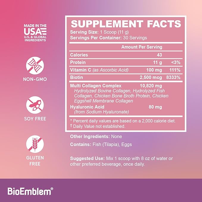 BioEmblem Beauty Collagen - 11G Hydrolyzed Multi-Collagen Peptides, Hyaluronic Acid, Vitamin C & Biotin - Bovine, Fish & Eggshell Membrane Collagen - Skin, Hair, Nail, & Joint Health - 30 Servings