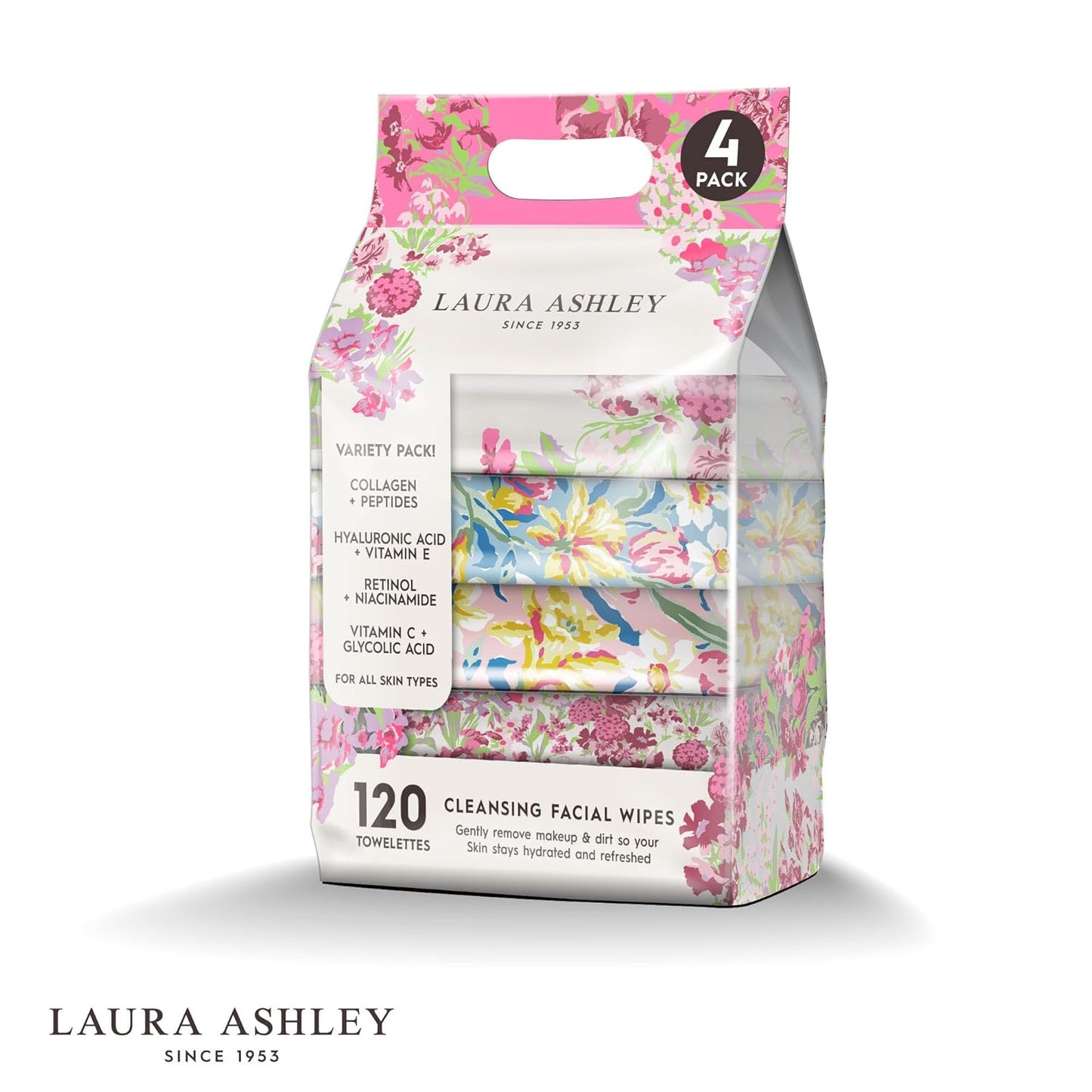 Laura Ashley 4 Pack Face Wipes for Women - Cleansing Makeup Remover Wipes with Vitamin C, Retinol, Hyaluronic Acid - 120 Pcs