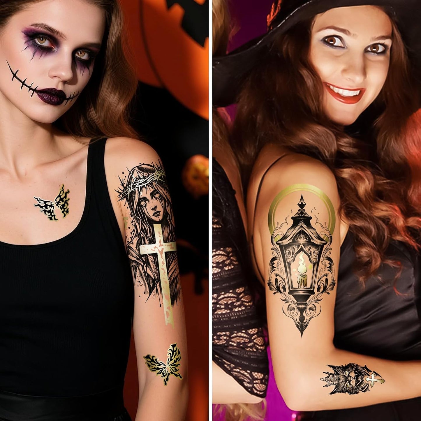 42 Sheets Gothic Temporary Tattoo, 12 Sheets Metallic Skull Cat Snake Spider Crow Half Arm Scary Fake Tattoos for Adults Men Women, 30 Sheets Small Tattoos Stickers for Party Supplies