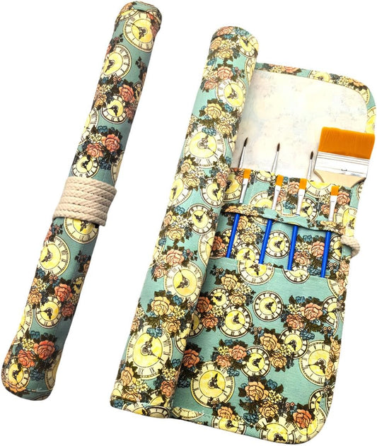 Funny live Paint Brush Holder Art Supplies, Artist Paint Brush & Storage Organizer Roll-Up Case Bag, Protect Acrylic Oil Watercolor Paintbrushes (Clock 20 Slot Pockets)