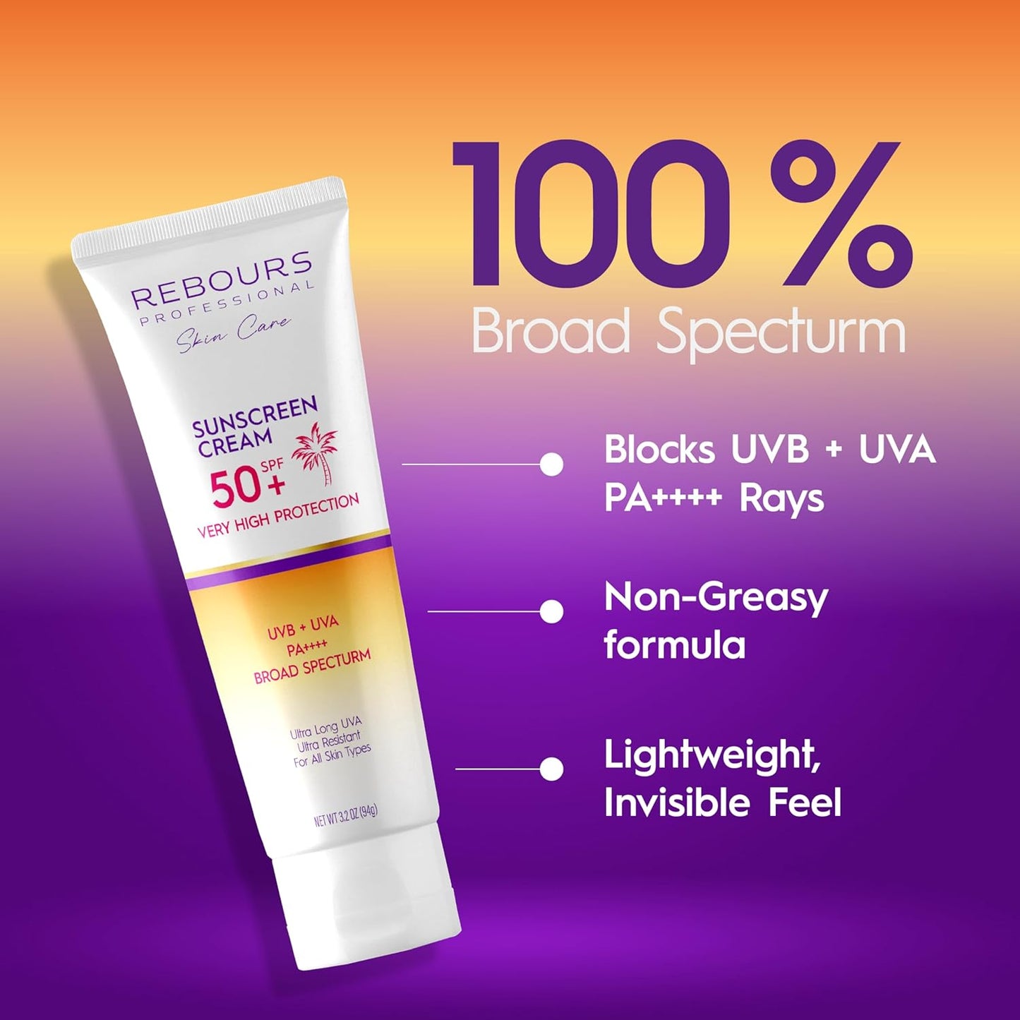Rebours Facial Sunscreen SPF 50 – Broad Spectrum UVA/UVB High Protection, Fast Absorbing, Lightweight, Non-Greasy, Water-Resistant Face Cream for Daily Use, Suitable for All Skin Types, 3.2 oz