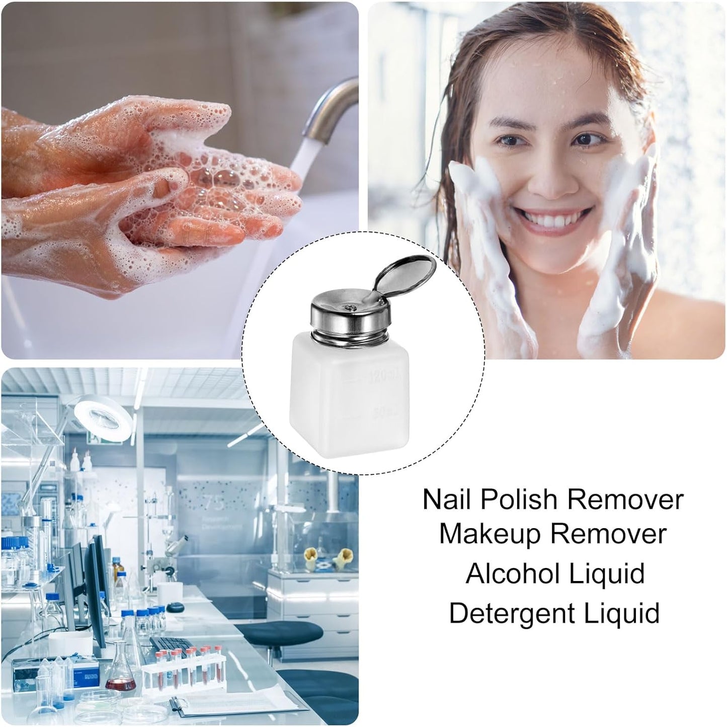 HARFINGTON 4PCS 120ML(4oz) Push Down Alcohol Dispenser Pump Liquid Press Empty Bottles Refillable Container for Acetone Cleanser Nail Polish Remover, White