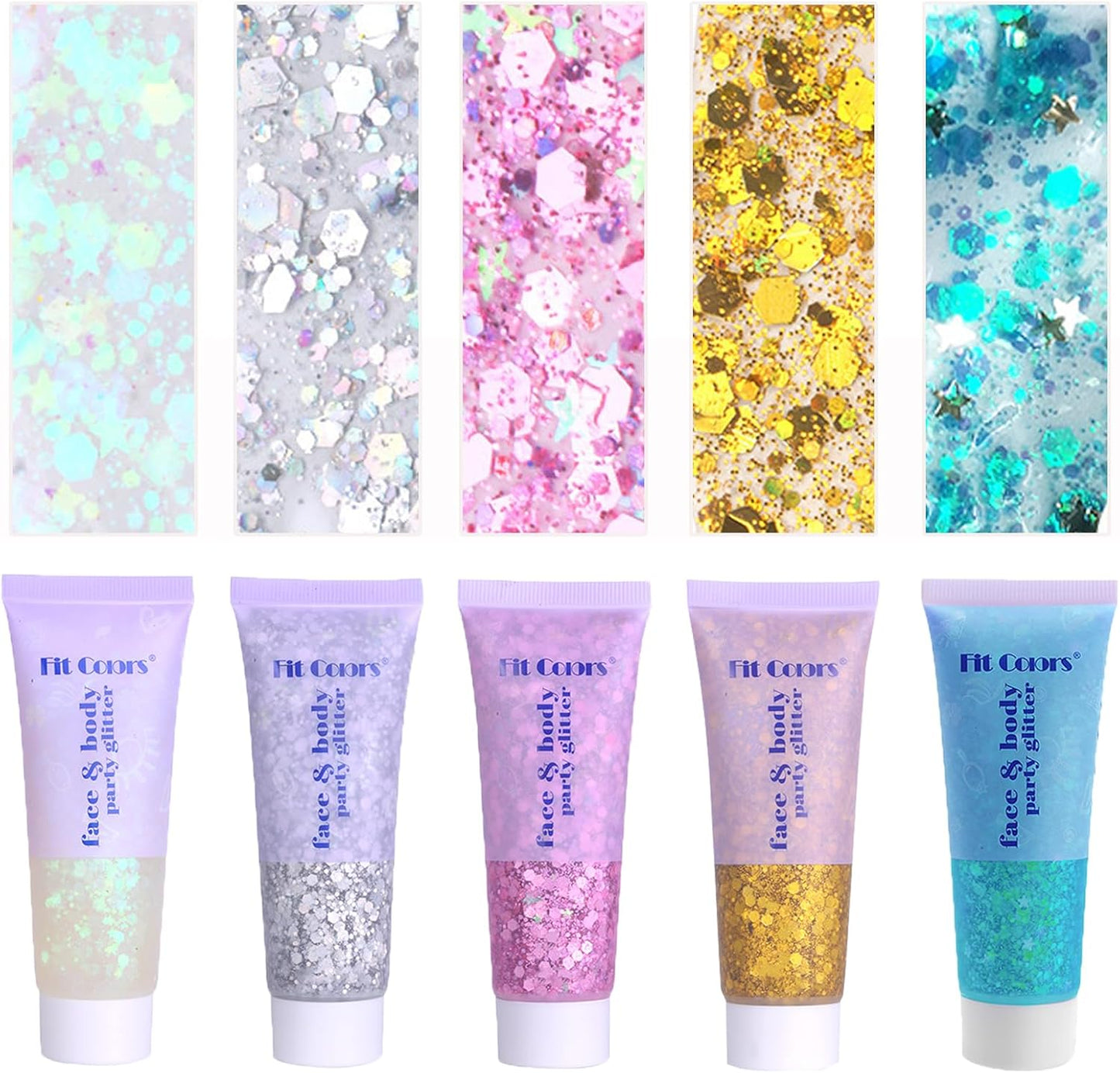 Face Body Glitter, Hair Glitter Sparkles Chunky Face Glitter Gel for Girls Makeup Singer Concerts Mermaid Festival Sequins Face Paint (White+Silver+Pink+Gold+Light Blue)