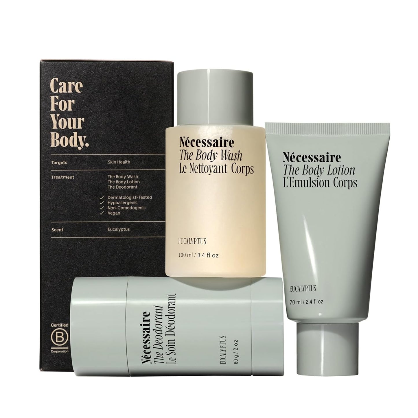 Nécessaire Eucalyptus Body Essentials Gift Set – Travel-Size Body Wash, Body Lotion + Deodorant | For Women + Men | Dermatologist-Tested. Hypoallergenic. Vegan | Aluminum-Free Deodorant