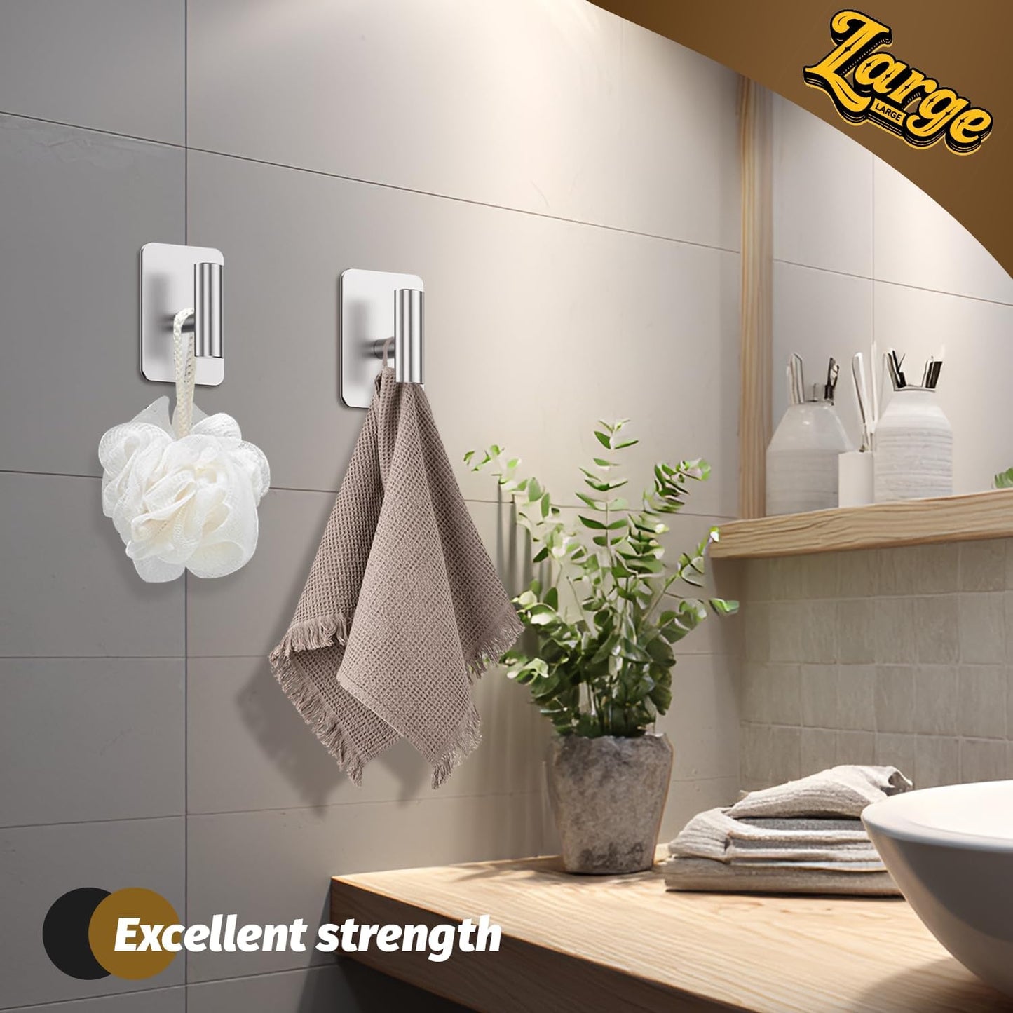 Heavy Duty Adhesive Hooks - 26lb Max, Sticky Wall Hooks Waterproof Stainless Steel for Hanging Towel, Coat, Robe, Towel Hooks Stick on Bathroom, Kitchen, Shower, Door (Silver, 4 Pack)