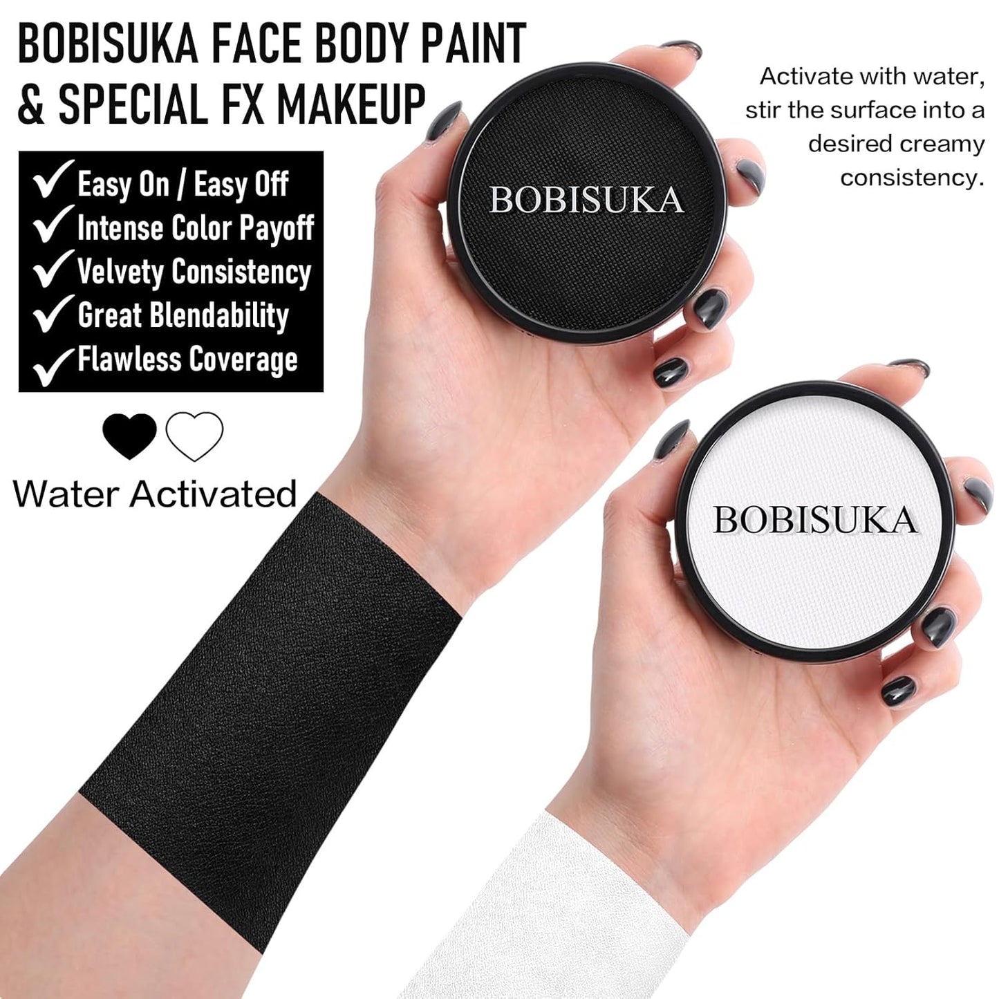 BOBISUKA Black White Face Body Paint, Water Based Face Painting Kit Body Paints with Brushes, Kids Adults Facepaint for Halloween Party Clown Joker Goth Skull SFX Makeup Costume Cosplay Stage Dress-Up