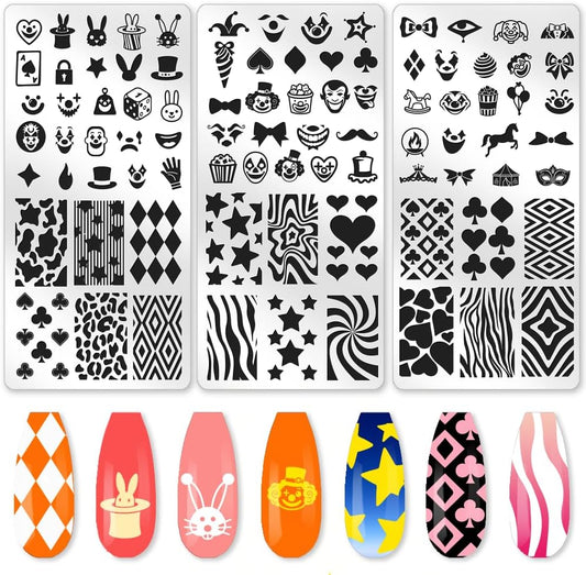 benikmake 3pcs Clown Nail Stamping Plate Nail Printing Stainless Stencil for Manicure Salon Poker Element 6x12cm 2.36x4.7inch