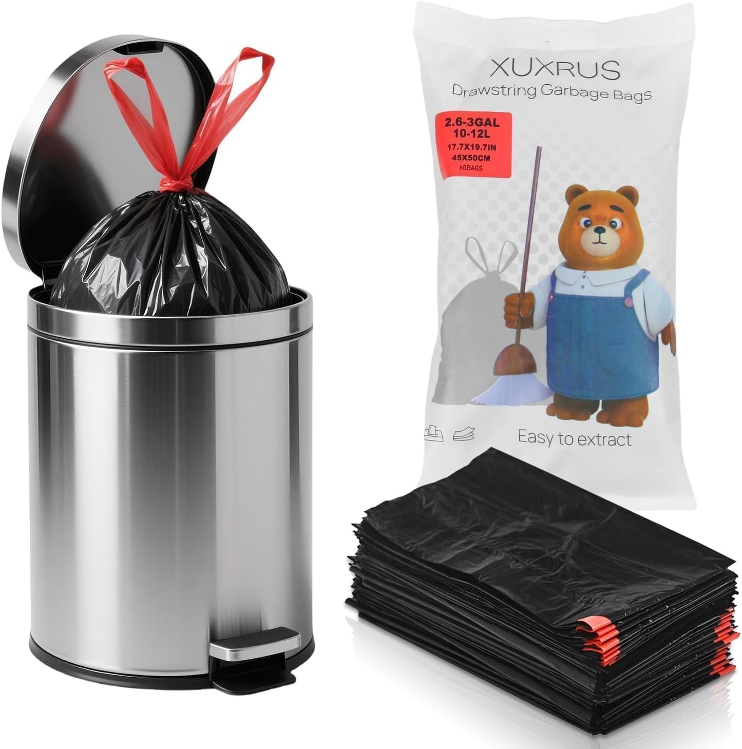 XUXRUS 2.6 Gallon Black Bathroom Drawstring Trash Bags - 60 Count Folded Small Garbage Bags, Tear-Resistant & Leak-Proof, Odor Control Liners for Bathroom, Kitchen, Office – Heavy Duty Trash Bags