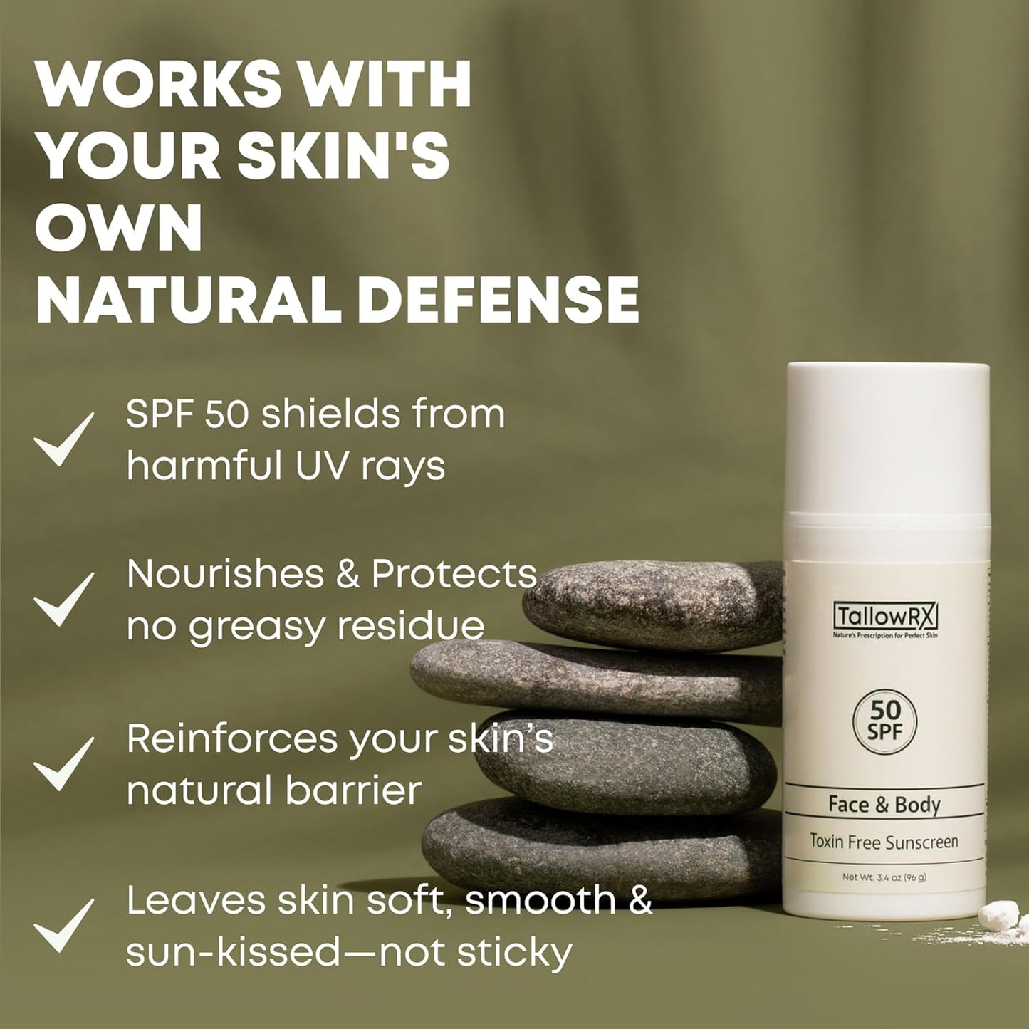 Tallow Sunscreen SPF 50 with Non Nano Zinc Oxide – Natural Mineral Sun Protection with Red Raspberry, Coconut Oil & Vit E – Reef Safe, Non Toxic & Moisturizing Sunblock for Face & Body – 3.4 oz