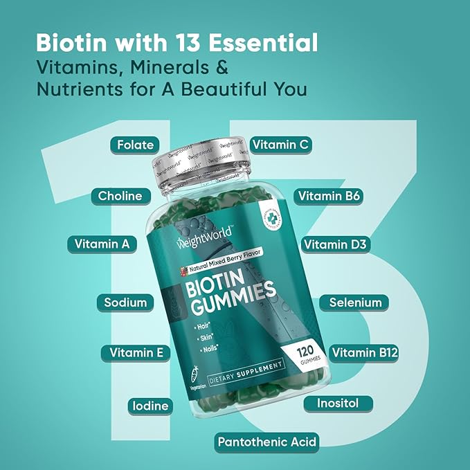 maxmedix Biotin Gummies 5000mcg 120 Hair Nails and Skin Vitamins Gummies – Natural Berry Flavour Vitamin B7 Gummies