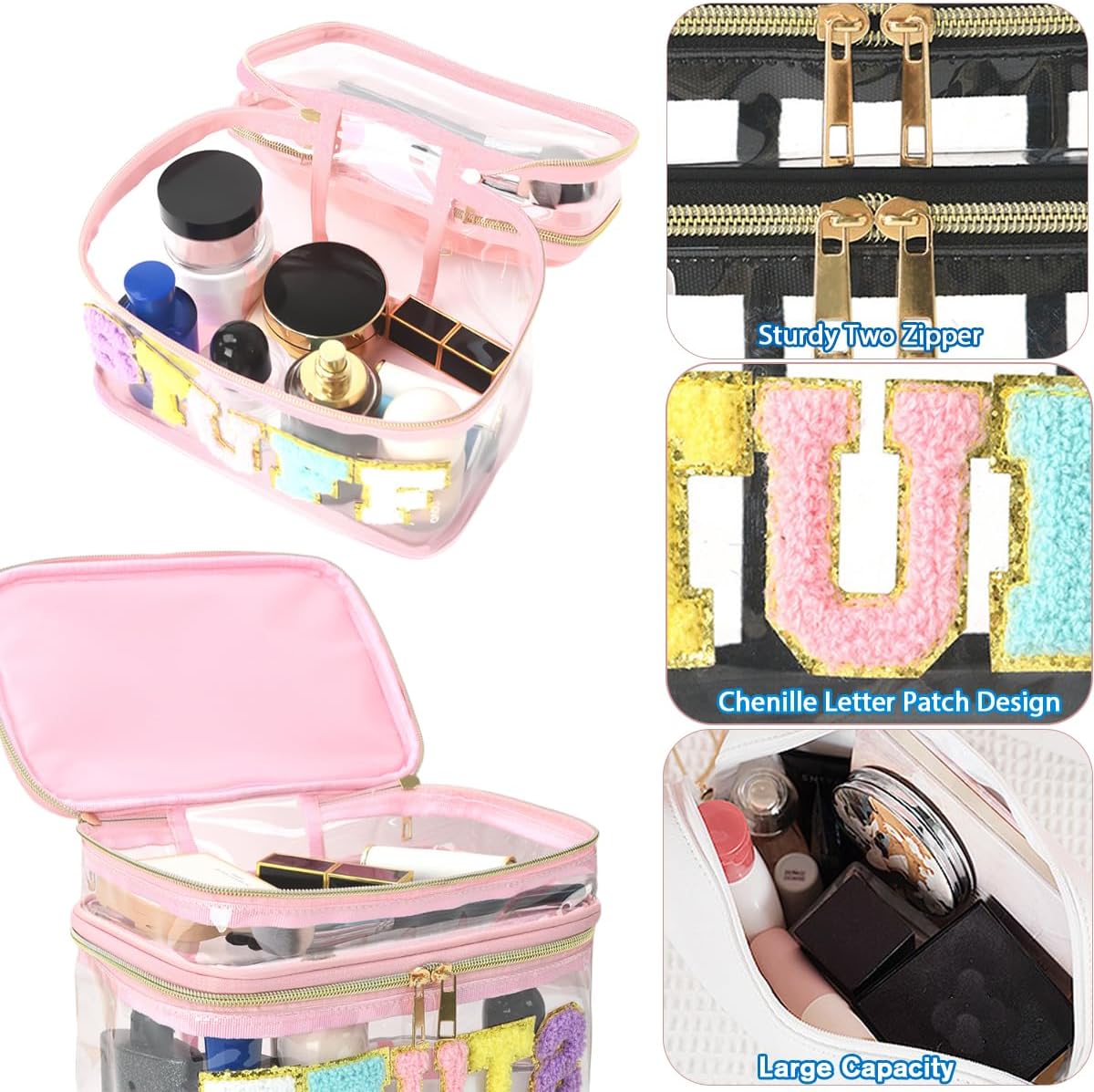 FITINI Makeup Bags Chenille Double Layer Travel Storage Cosmetic Cases Make up Organizer Toiletry Bags Stuff for Women Makeup Brush Bag,Clear Black