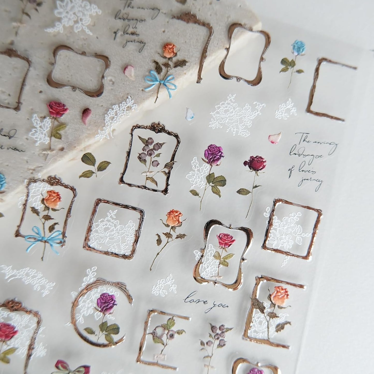 Golden Frame Rose Nail Stickers, Embossed Nail Decals,Vintage Floral for Nail Art Designs, Self-Adhesive Nail Accessories for Women