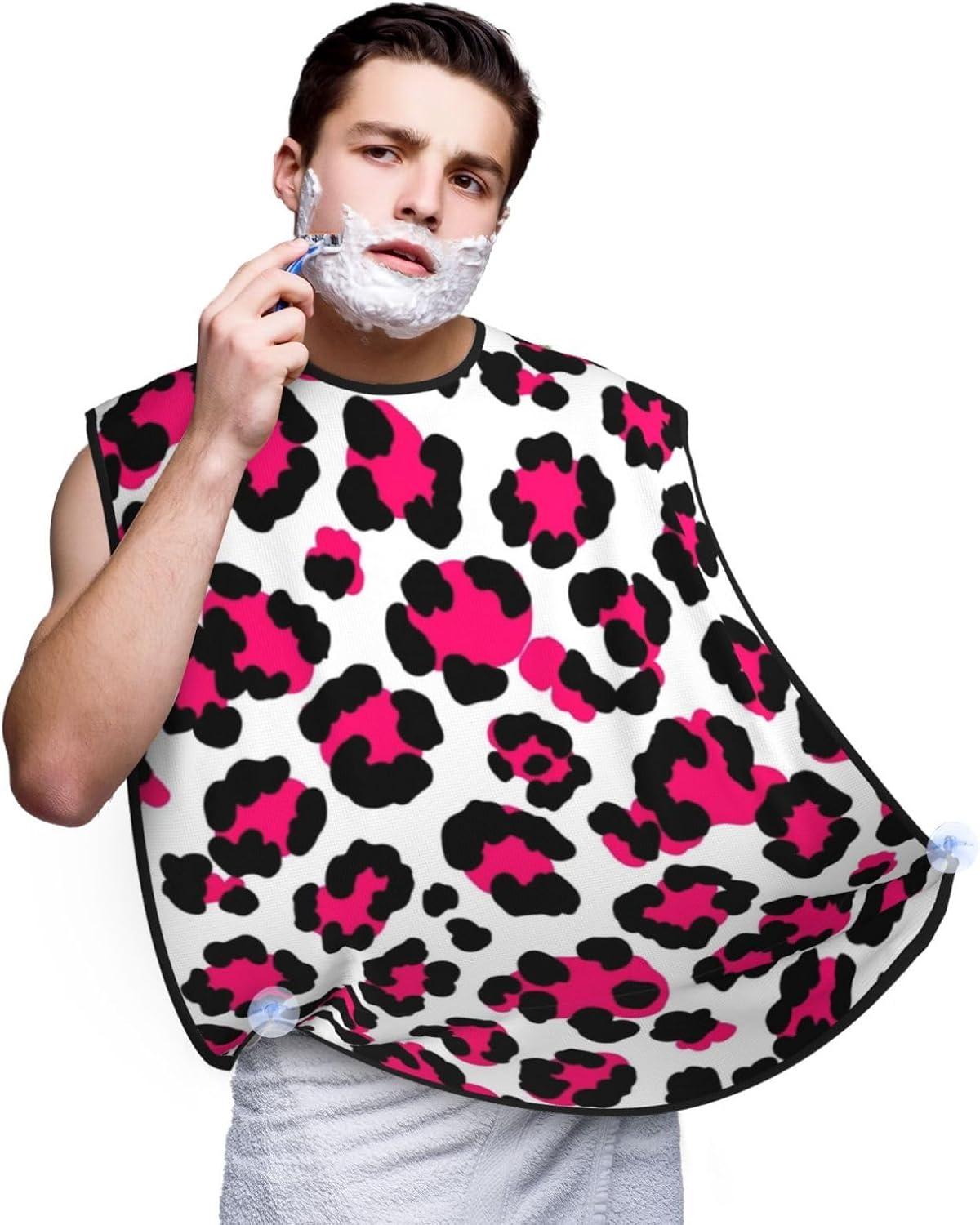 Beard Apron Hair Catcher, White Pink Cheetah Leopard Print Shave Bib, Waterproof Non-Stick Shaving Bib, Trimming Grooming Tool for Dad Men Anniversary